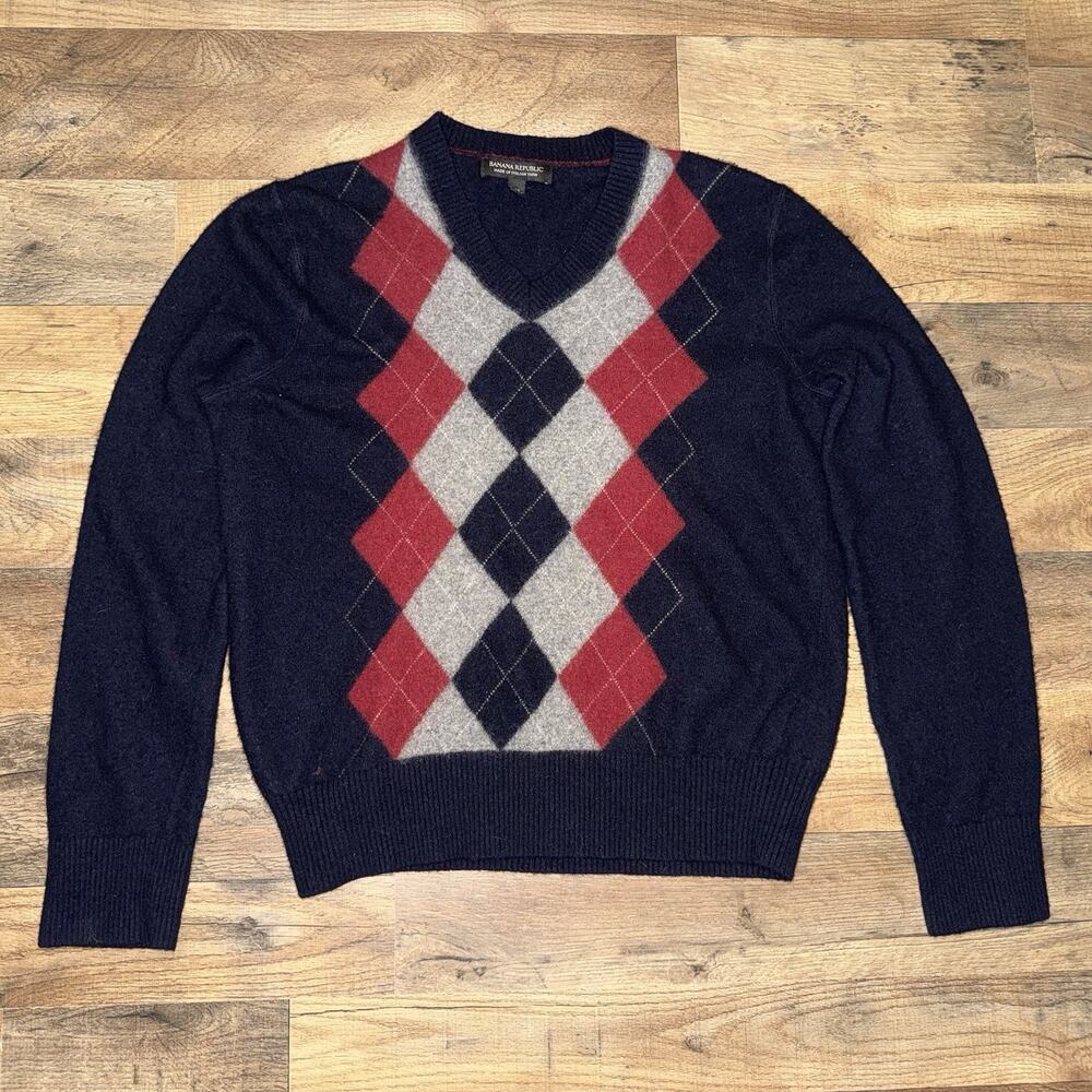 Banana Republic Merino Wool Argyle Sweater Mens Size Medium Preppy Academia